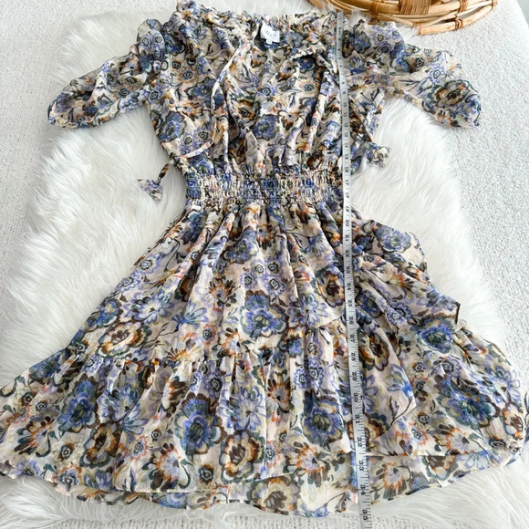 Misa Las Angles Kayla Mini Dress Sketched Floral Smocked Tie Neck - Picture 15 of 16